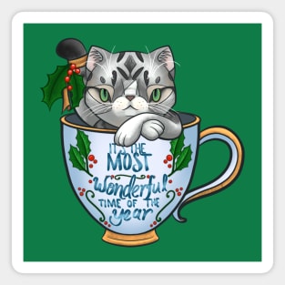 “It’s the Most Wonderful Time of the Year” Genki the silver tabby cat in a teacup for Christmas Magnet